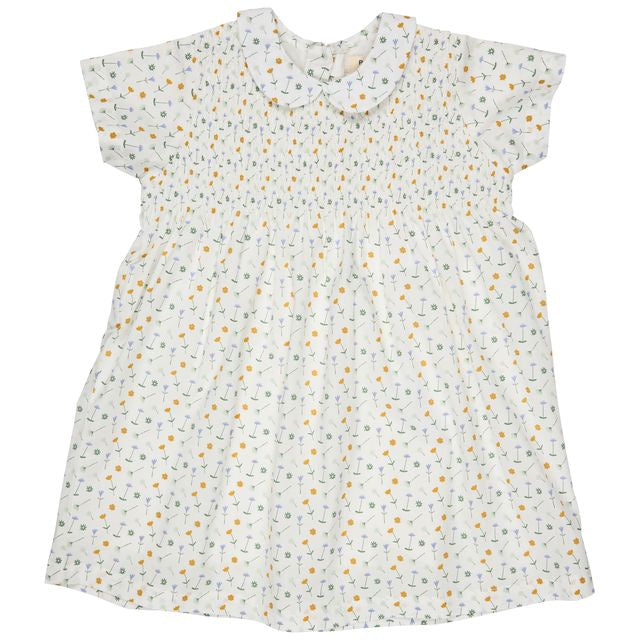 Smock Peter Pan Collar Dress Flowers - White