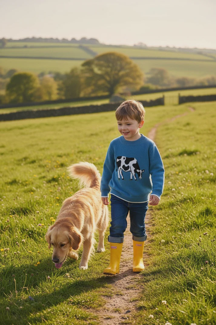 Cow Knitted Jumper - Steel Blue