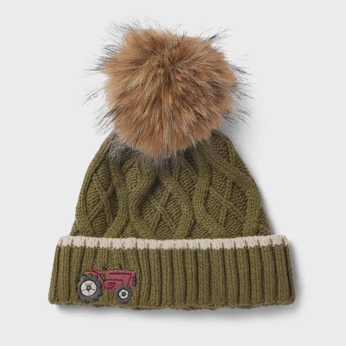 Forest Green Knitted Hat - Tractor Embroidery