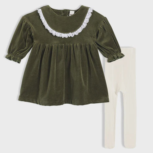 Olive Green Velour Dress with cream tights