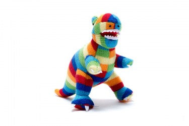 Knitted T Rex Dinosaur Baby Rattle in Bold Stripes