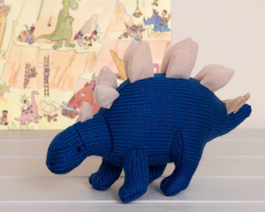 Stegosaurus Knitted Dinosaur Rattle Blue