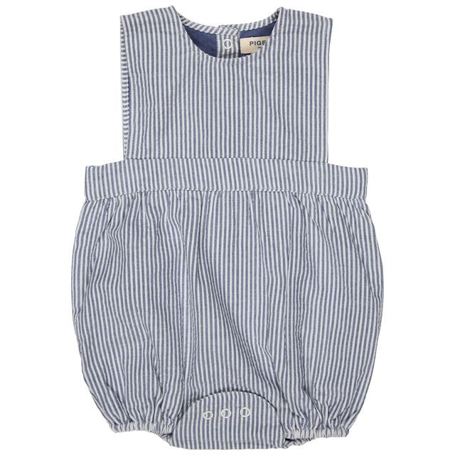 Bib Romper Seersucker Fine Stripe- Indigo