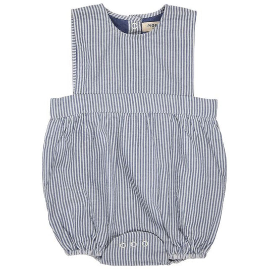 Bib Romper Seersucker Fine Stripe- Indigo