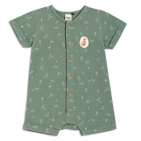 Dino Printed Muslin Romper - Sage Green