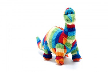 Knitted Diplodocus Dinosaur Baby rattle in Bold Stripes