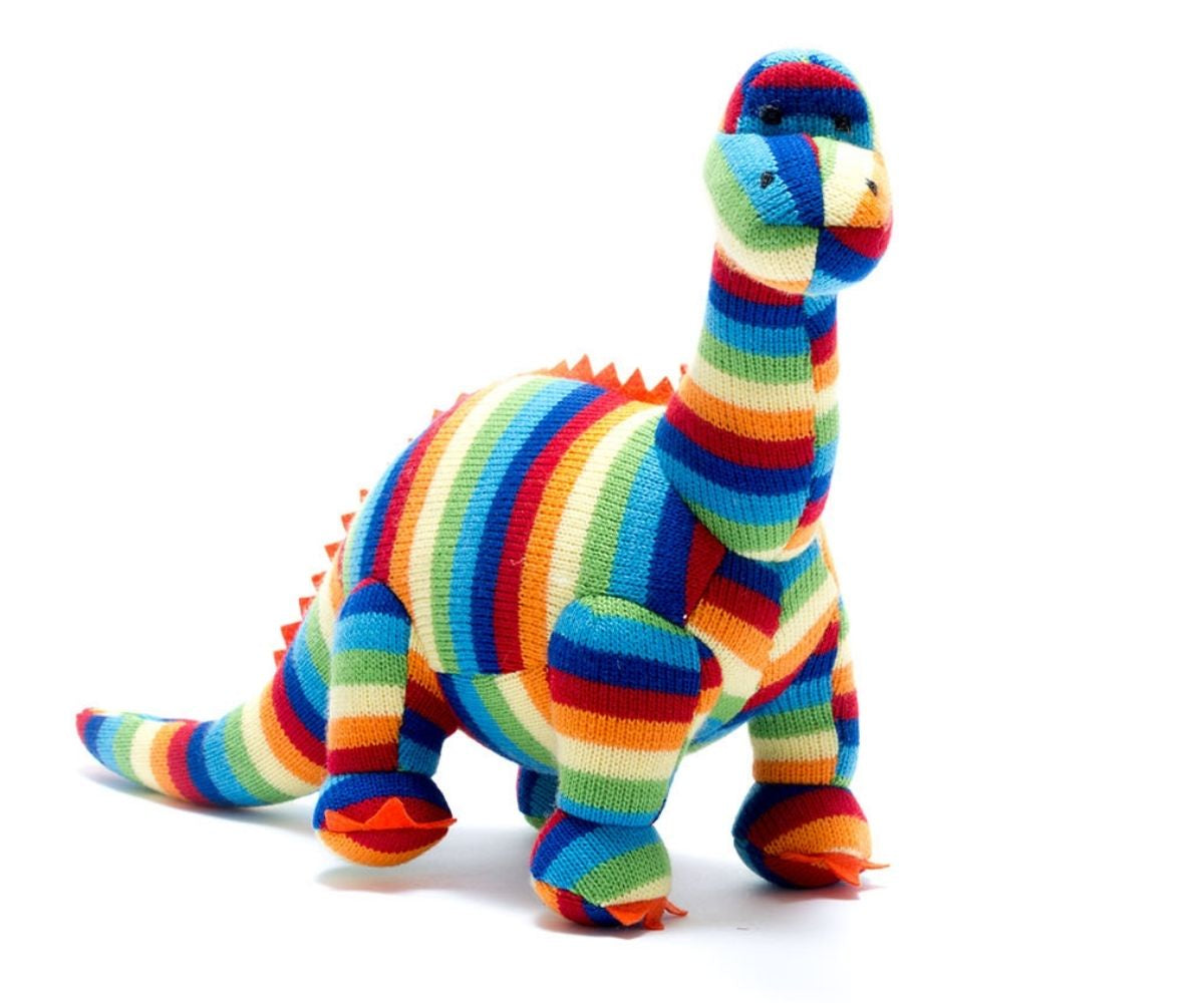Knitted Diplodocus Dinosaur Toy in Bold Stripes