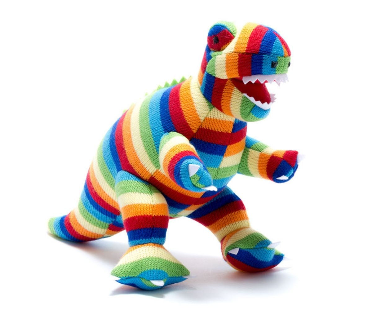 T Rex Knitted Dinosaur Soft Toy Rainbow Stripe