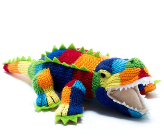 Knitted Crocodile Baby Rattle in Bold Stripes