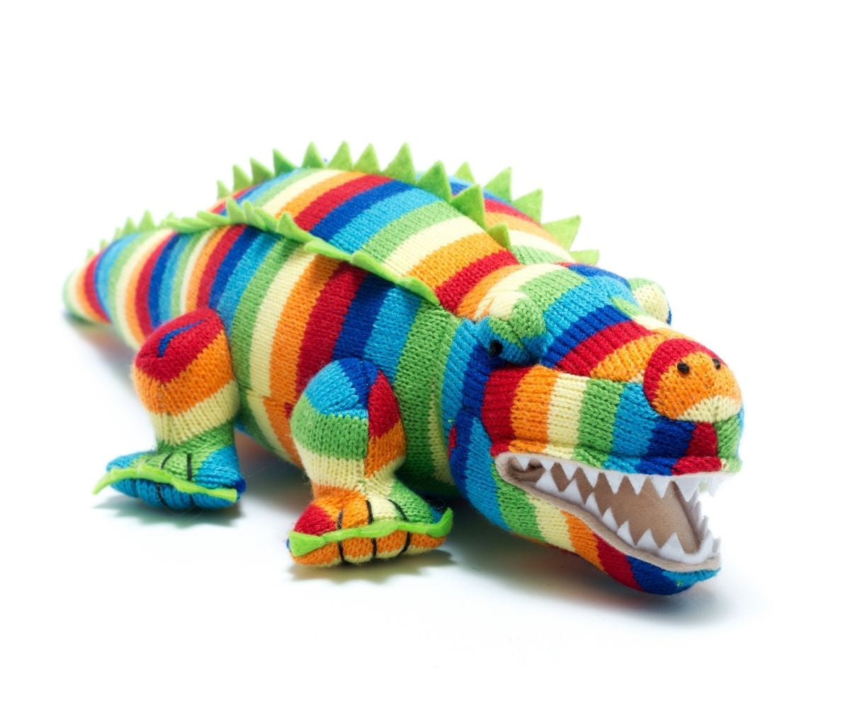 Knitted Crocodile Toy Wide Rainbow Stripe